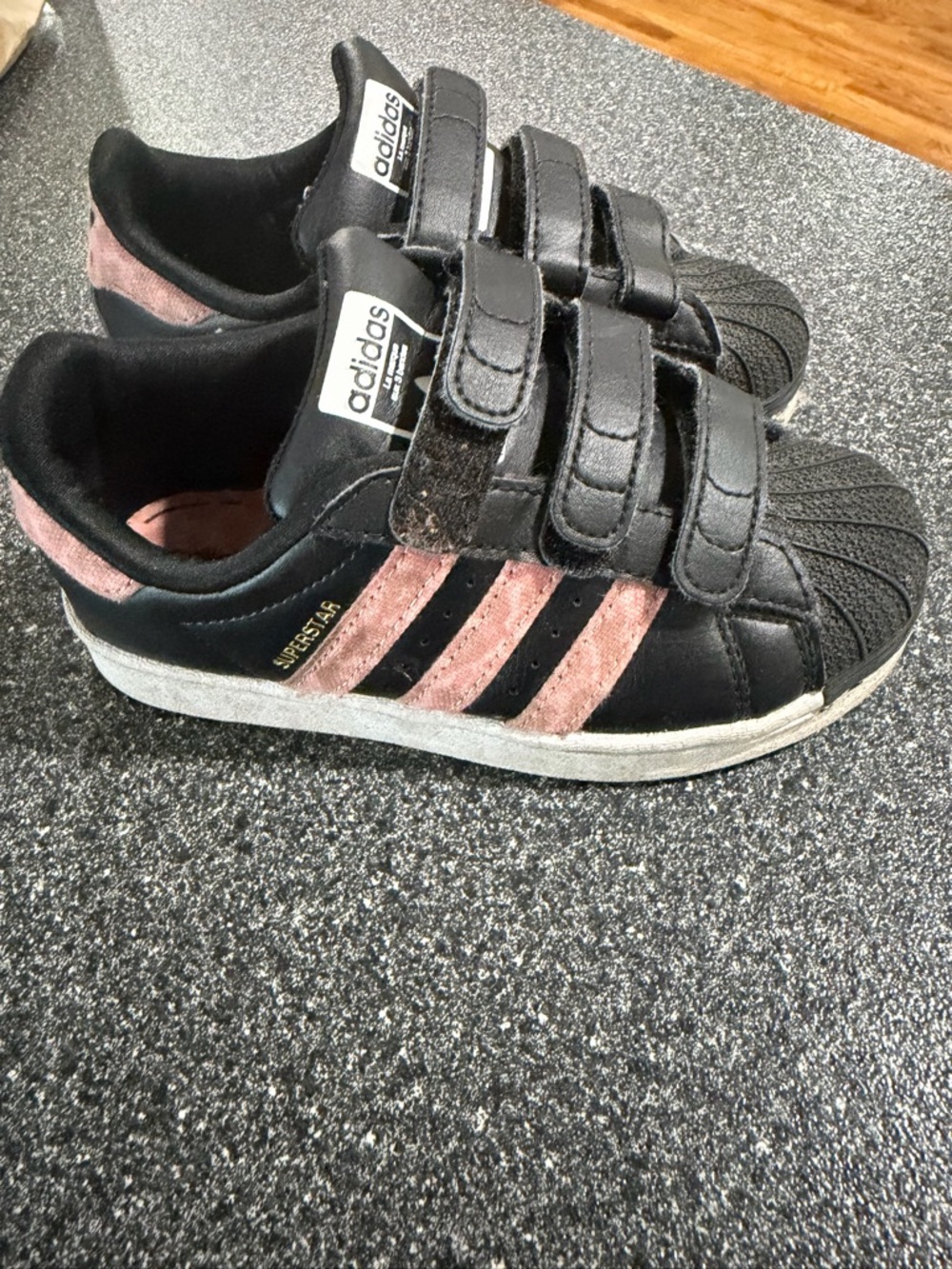 adidas Kids Black Sneakers with Pink Stripes - Velcro Superstar
